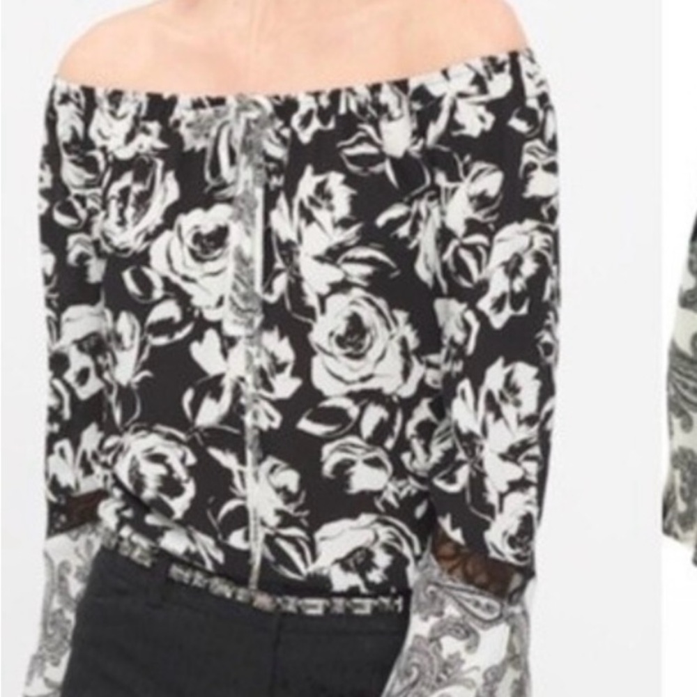 White House Black Market Black and White Floral Off-Shoulder Blouse